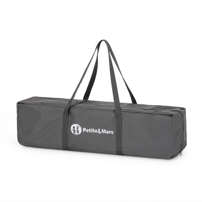 Patut pliant, Petite&Mars, Nyja, 120 x 60 cm, Cu roti, Functie de tarc, Pliere compacta, Include geanta de transport, Intrare laterala cu fermoar, Pereti din plasa, Pana la 15 kg, 0-30 luni, Gri
