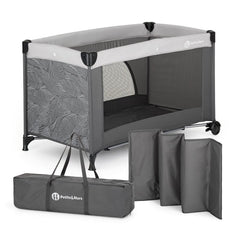 Patut pliant, Petite&Mars, Nyja, 120 x 60 cm, Cu roti, Functie de tarc, Pliere compacta, Include geanta de transport, Intrare laterala cu fermoar, Pereti din plasa, Pana la 15 kg, 0-30 luni, Gri