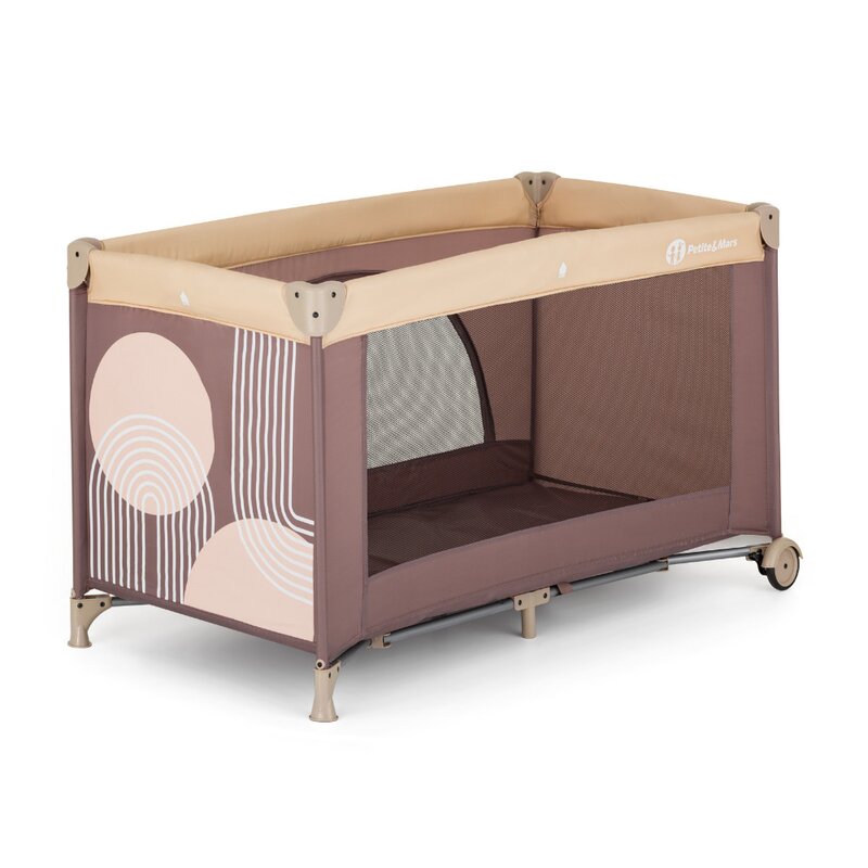 Patut pliant, Petite&Mars, Nyja, 120 x 60 cm, Cu roti, Functie de tarc, Pliere compacta, Include geanta de transport, Intrare laterala cu fermoar, Pereti din plasa, Pana la 15 kg, 0-30 luni, Mocha