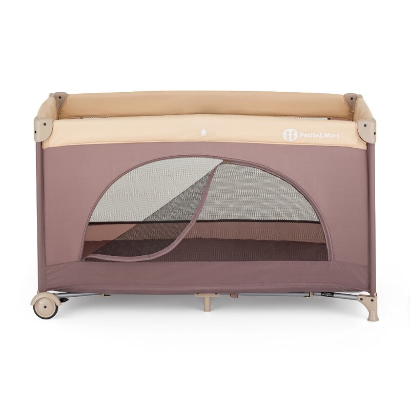 Patut pliant, Petite&Mars, Nyja, 120 x 60 cm, Cu roti, Functie de tarc, Pliere compacta, Include geanta de transport, Intrare laterala cu fermoar, Pereti din plasa, Pana la 15 kg, 0-30 luni, Mocha