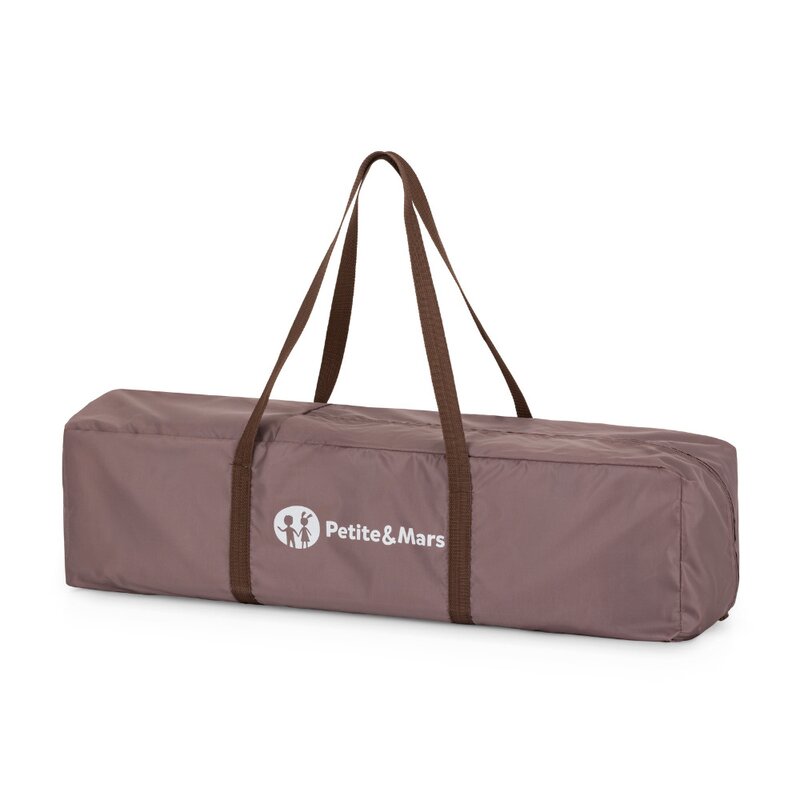 Patut pliant, Petite&Mars, Nyja, 120 x 60 cm, Cu roti, Functie de tarc, Pliere compacta, Include geanta de transport, Intrare laterala cu fermoar, Pereti din plasa, Pana la 15 kg, 0-30 luni, Mocha
