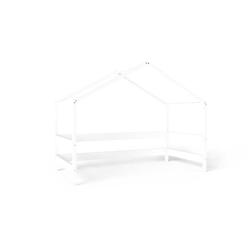 Patut tip casuta din lemn junior, 160x80 cm, Din lemn certificat FSC, Transformabil in casuta de joaca, Cu bariera de protectie, In stil scandinav, Alb, YappyKids, YappyHytte Bed - gogobaby.ro
