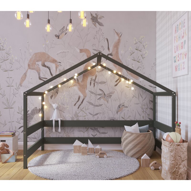 Patut tip casuta din lemn junior, 160x80 cm, Din lemn certificat FSC, Transformabil in casuta de joaca, Cu bariera de protectie, In stil scandinav, Verde, YappyKids, YappyHytte Bed