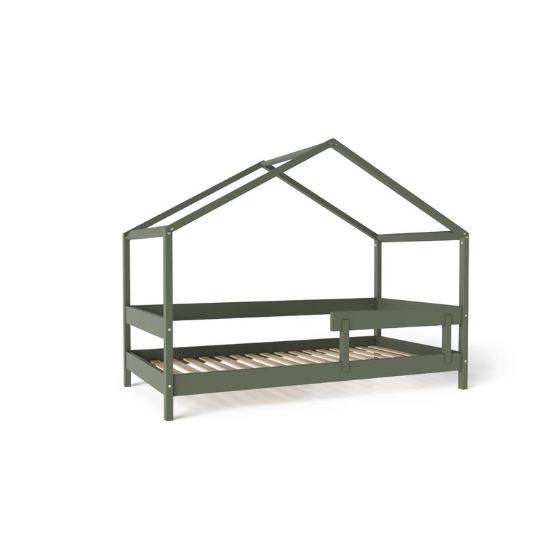 Patut tip casuta din lemn junior, 160x80 cm, Din lemn certificat FSC, Transformabil in casuta de joaca, Cu bariera de protectie, In stil scandinav, Verde, YappyKids, YappyHytte Bed