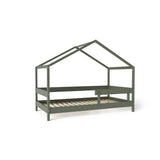 Patut tip casuta din lemn junior, 160x80 cm, Din lemn certificat FSC, Transformabil in casuta de joaca, Cu bariera de protectie, In stil scandinav, Verde, YappyKids, YappyHytte Bed