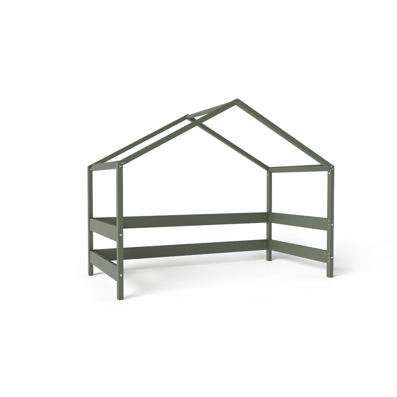 Patut tip casuta din lemn junior, 160x80 cm, Din lemn certificat FSC, Transformabil in casuta de joaca, Cu bariera de protectie, In stil scandinav, Verde, YappyKids, YappyHytte Bed