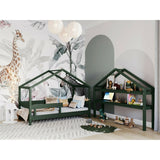 Patut tip casuta din lemn junior, 160x80 cm, Din lemn certificat FSC, Transformabil in casuta de joaca, Cu bariera de protectie, In stil scandinav, Verde, YappyKids, YappyHytte Bed