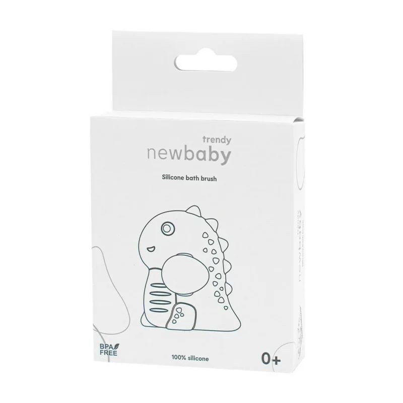 Perie de baie, New Baby, Din silicon, Cu peri moi, Maner ergonomic, Pentru pielea sensibila, 8x11 cm, 0 luni+, Dinosaur/Blue