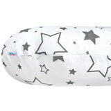Perna alaptare, New Baby, Cu husa detasabila, In forma de C, Bumbac, Diametru 16 cm, Lungime in jurul circumferintei 285 cm, Stars White/Grey