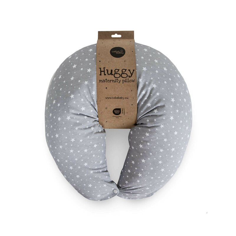 Perna pentru alaptat, Ceba Baby, Husa detasabila din bumbac, Cu puf siliconizat, 150x60x37 cm, Oeko-Tex Standard 100, Basic Grey Stars