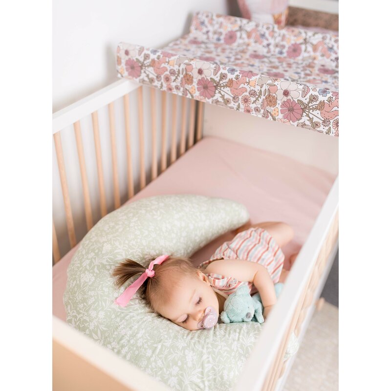 Perna pentru alaptat, Ceba Baby, Husa detasabila din bumbac, Cu puf siliconizat, 150x60x37 cm, Oeko-Tex Standard 100, Basic Tiny Leaves