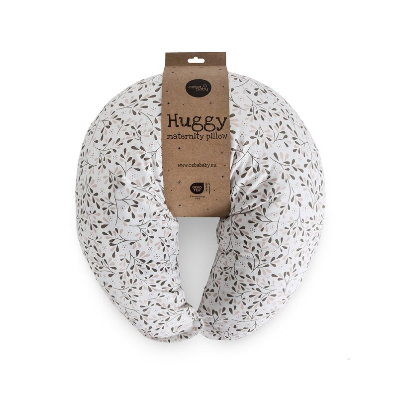 Perna pentru alaptat, Ceba Baby, Husa detasabila din bumbac, Cu puf siliconizat, 150x60x37 cm, Oeko-Tex Standard 100, Basic Tiny Leaves