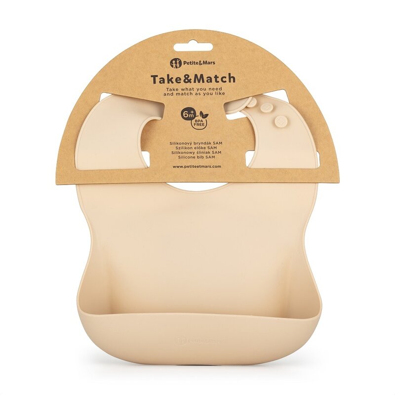 Baveta moale, Petite&Mars, Take&Match, Reglabil, Cu buzunar colector, Silicon, Fara BPA, 6 luni+, Bej - gogobaby.ro