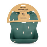 Baveta moale, Petite&Mars, Take&Match, Reglabil, Cu buzunar colector, Silicon, Fara BPA, 6 luni+, Model dinozauri, Verde