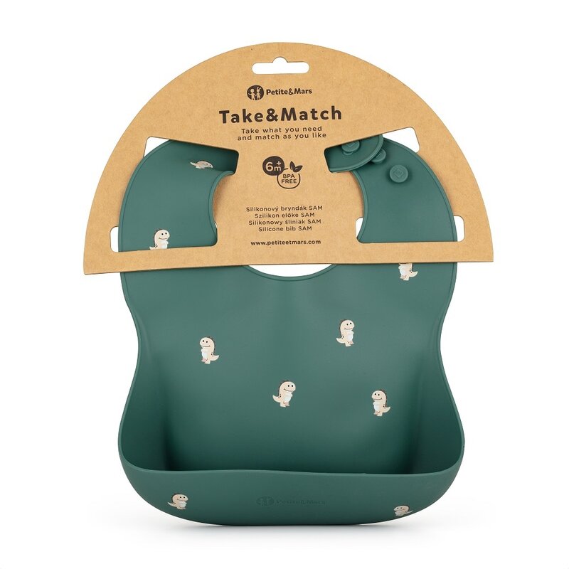 Baveta moale, Petite&Mars, Take&Match, Reglabil, Cu buzunar colector, Silicon, Fara BPA, 6 luni+, Model dinozauri, Verde - gogobaby.ro