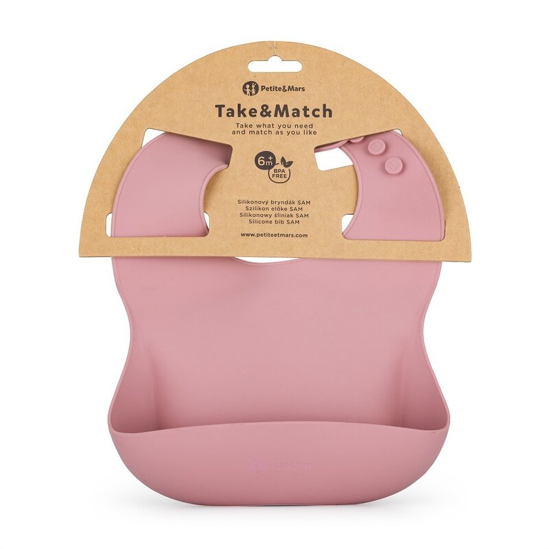 Baveta moale, Petite&Mars, Take&Match, Reglabil, Cu buzunar colector, Silicon, Fara BPA, 6 luni+, Roz
