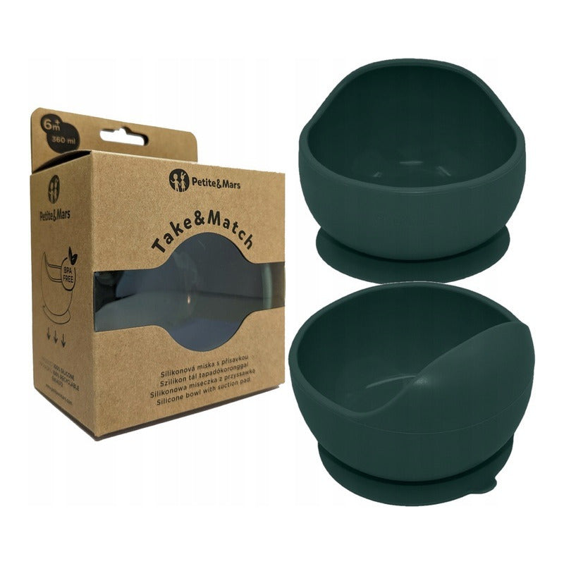Bol, Petite&Mars, Take&Match, Din silicon, Cu ventuza, Fara BPA, 6 luni+, 350 ml, Verde Inchis - gogobaby.ro