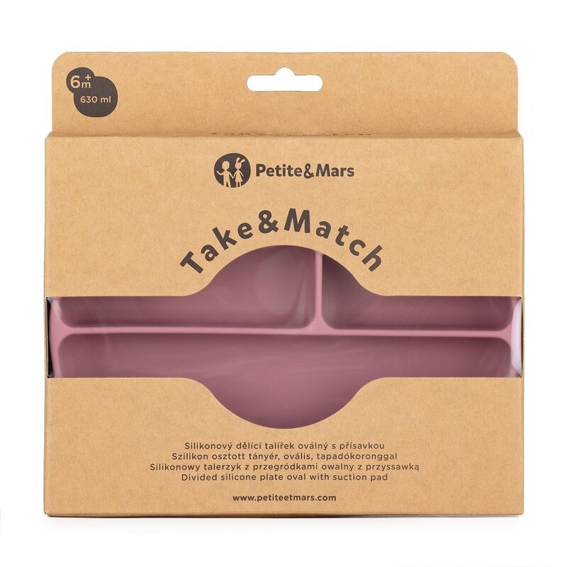 Farfurie compartimentata, Petite&Mars, Take&Match, Ovala, Cu ventuza si 3 compartimente, Silicon, Fara BPA, 630 ml, 6 luni+, Roz