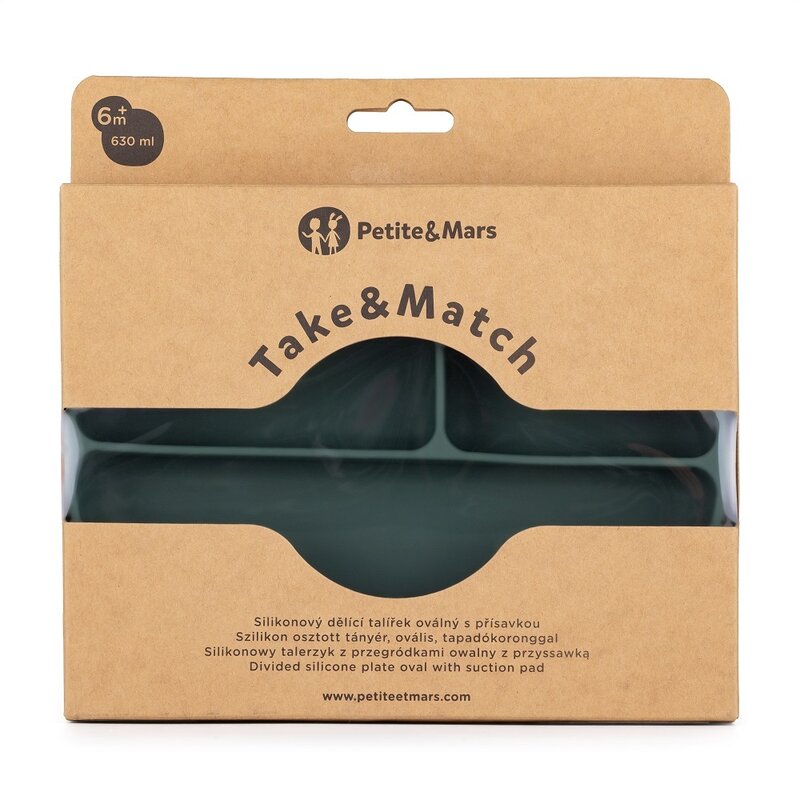 Farfurie compartimentata, Petite&Mars, Take&Match, Ovala, Cu ventuza si 3 compartimente, Silicon, Fara BPA, 630 ml, 6 luni+, Verde