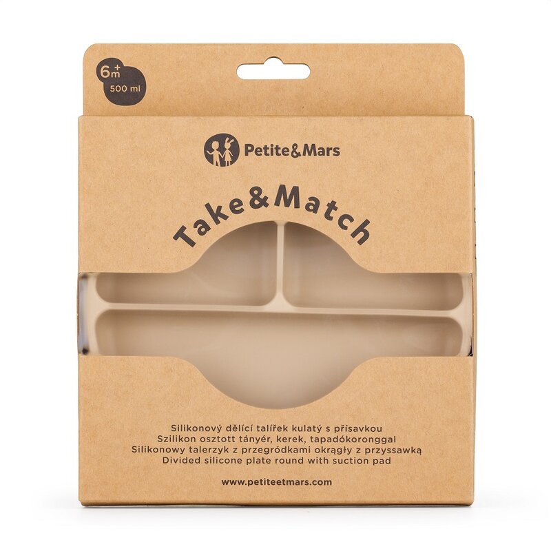 Farfurie compartimentata, Petite&Mars, Take&Match, Rotunda, Cu ventuza si 3 compartimente, Silicon, Fara BPA, 500 ml, 6 luni+, Bej - gogobaby.ro