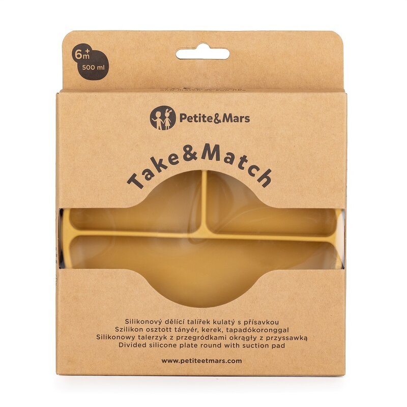 Farfurie compartimentata, Petite&Mars, Take&Match, Rotunda, Cu ventuza si 3 compartimente, Silicon, Fara BPA, 500 ml, 6 luni+, Galben