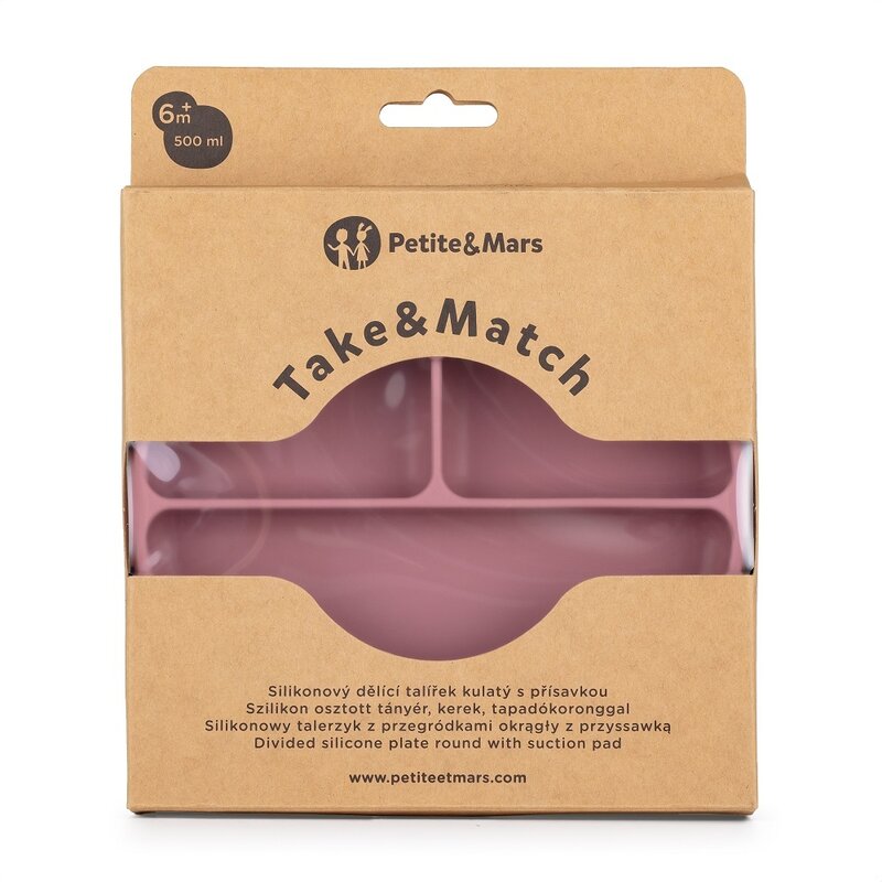 Farfurie compartimentata, Petite&Mars, Take&Match, Rotunda, Cu ventuza si 3 compartimente, Silicon, Fara BPA, 500 ml, 6 luni+, Roz