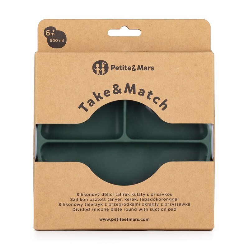 Farfurie compartimentata, Petite&Mars, Take&Match, Rotunda, Cu ventuza si 3 compartimente, Silicon, Fara BPA, 500 ml, 6 luni+, Verde - gogobaby.ro