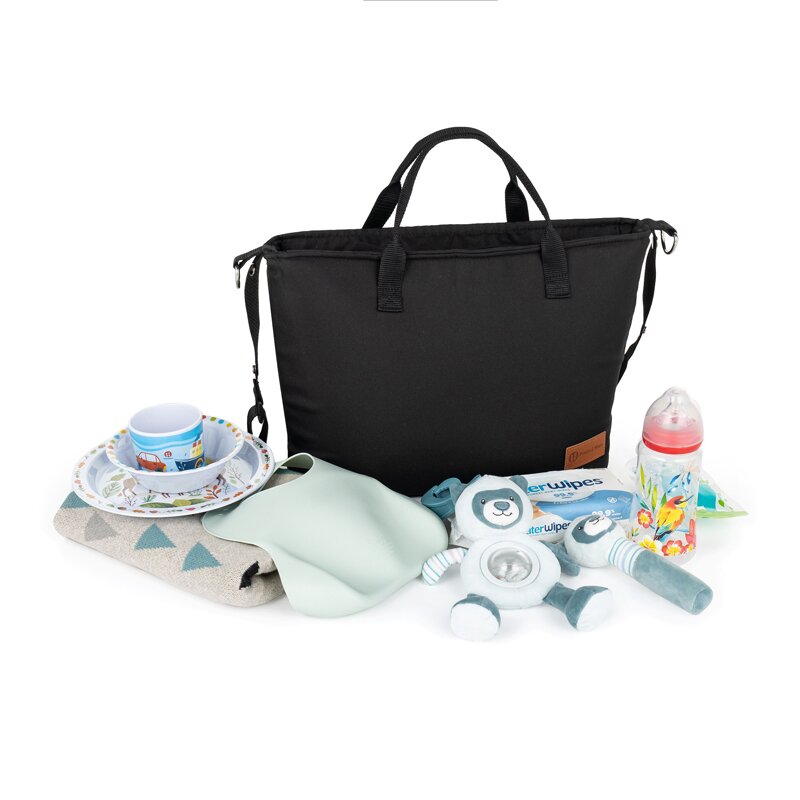 Geanta pentru mamici, Petite&Mars, Impermeabila, Cu 4 compartimente, 45 x 30 x 12 cm, Negru - gogobaby.ro