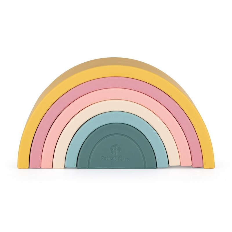 Jucarie pentru stivuire, Petite&Mars, Curcubeu, 14x7.5x5 cm, Silicon, Fara BPA, 6 piese, 12 luni+, Galben - gogobaby.ro