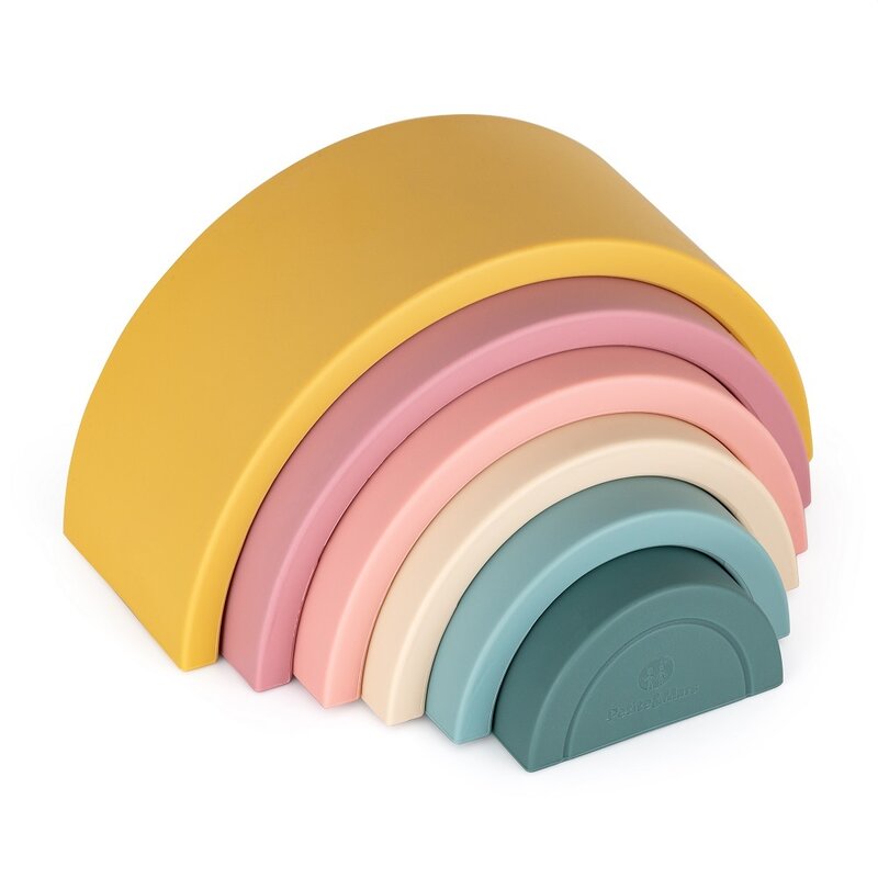 Jucarie pentru stivuire, Petite&Mars, Curcubeu, 14x7.5x5 cm, Silicon, Fara BPA, 6 piese, 12 luni+, Galben - gogobaby.ro