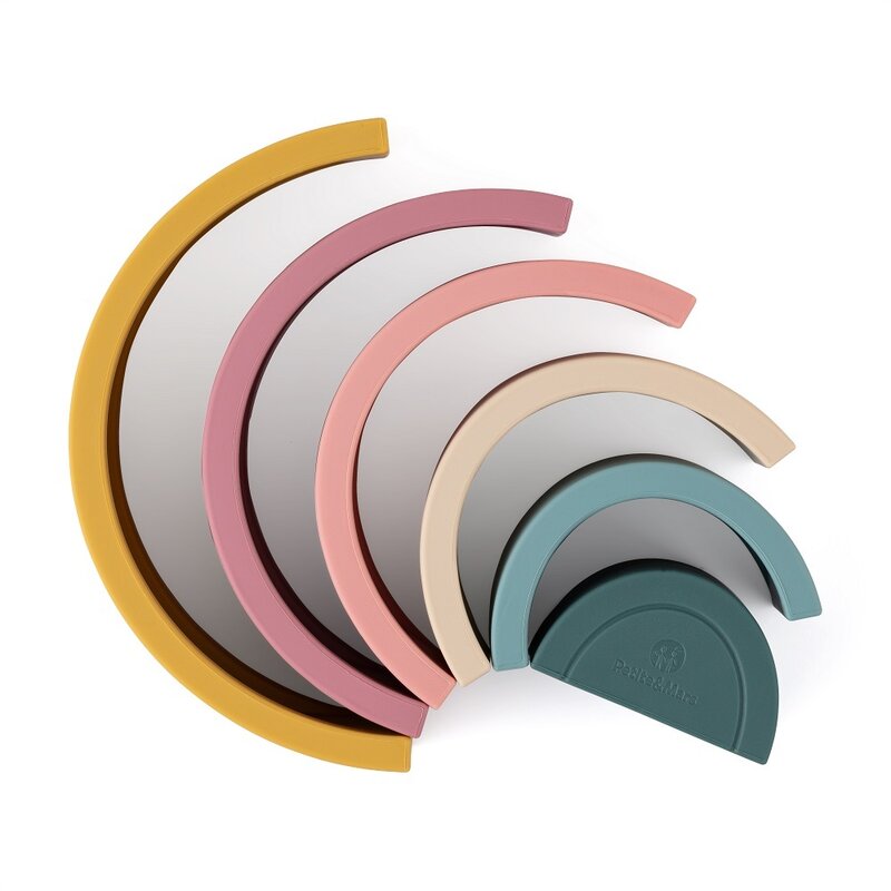 Jucarie pentru stivuire, Petite&Mars, Curcubeu, 14x7.5x5 cm, Silicon, Fara BPA, 6 piese, 12 luni+, Galben - gogobaby.ro