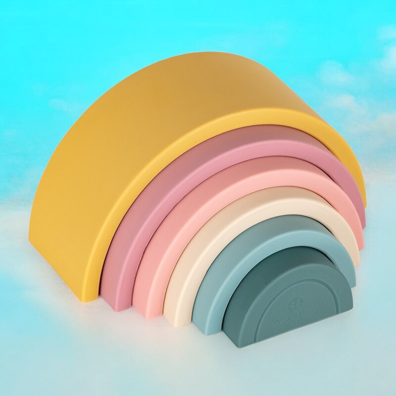 Jucarie pentru stivuire, Petite&Mars, Curcubeu, 14x7.5x5 cm, Silicon, Fara BPA, 6 piese, 12 luni+, Galben - gogobaby.ro