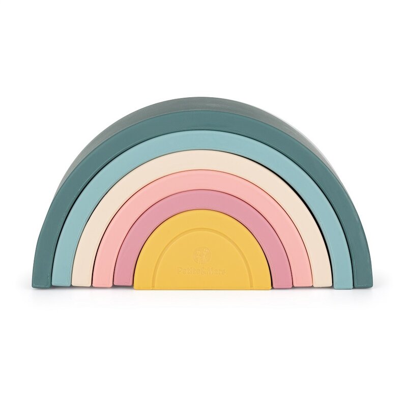 Jucarie pentru stivuire, Petite&Mars, Curcubeu, 14x7.5x5 cm, Silicon, Fara BPA, 6 piese, 12 luni+, Verde - gogobaby.ro
