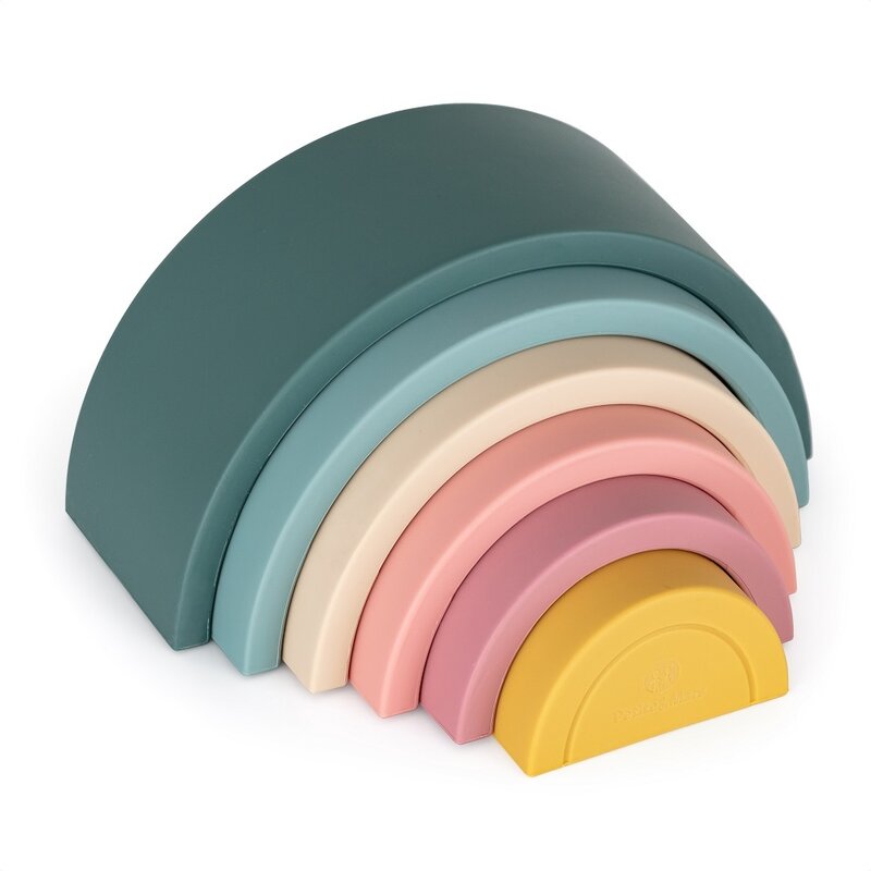 Jucarie pentru stivuire, Petite&Mars, Curcubeu, 14x7.5x5 cm, Silicon, Fara BPA, 6 piese, 12 luni+, Verde - gogobaby.ro