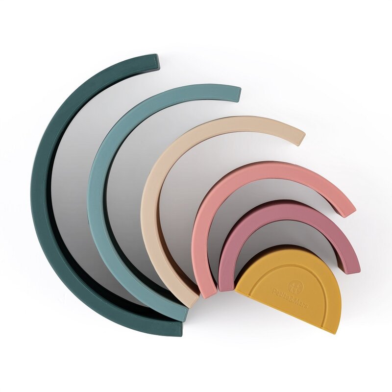 Jucarie pentru stivuire, Petite&Mars, Curcubeu, 14x7.5x5 cm, Silicon, Fara BPA, 6 piese, 12 luni+, Verde - gogobaby.ro
