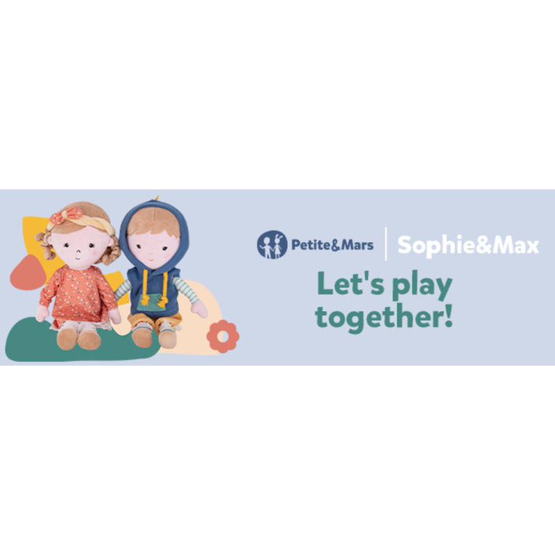 Papusa, Petite&Mars, Max 14 x 34 cm, 0 luni+, Ambalaj cu mini puzzle din carton, 35 cm, Albastru - gogobaby.ro