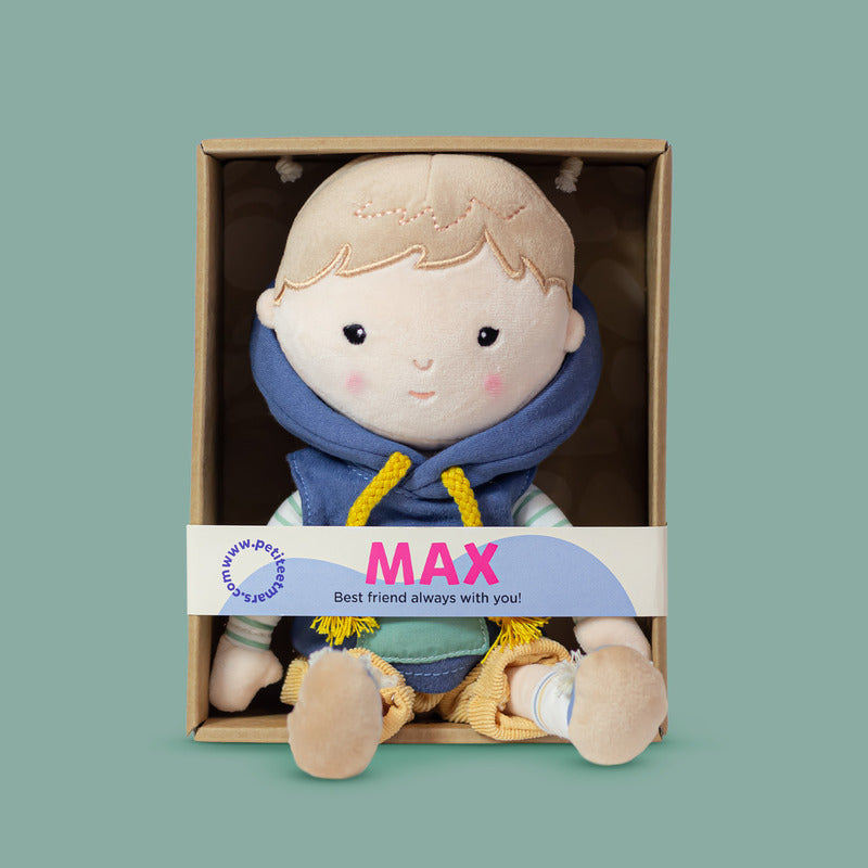 Papusa, Petite&Mars, Max 14 x 34 cm, 0 luni+, Ambalaj cu mini puzzle din carton, 35 cm, Albastru - gogobaby.ro