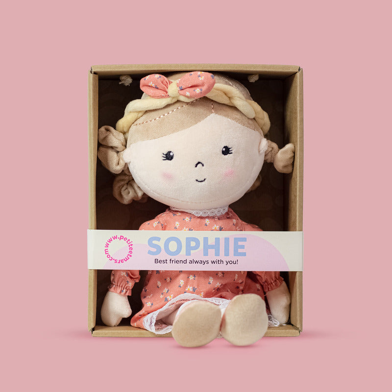 Papusa, Petite&Mars, Sophie 14 x 34 cm, 0 luni+, Ambalaj cu mini puzzle din carton, 35 cm, Roz - gogobaby.ro