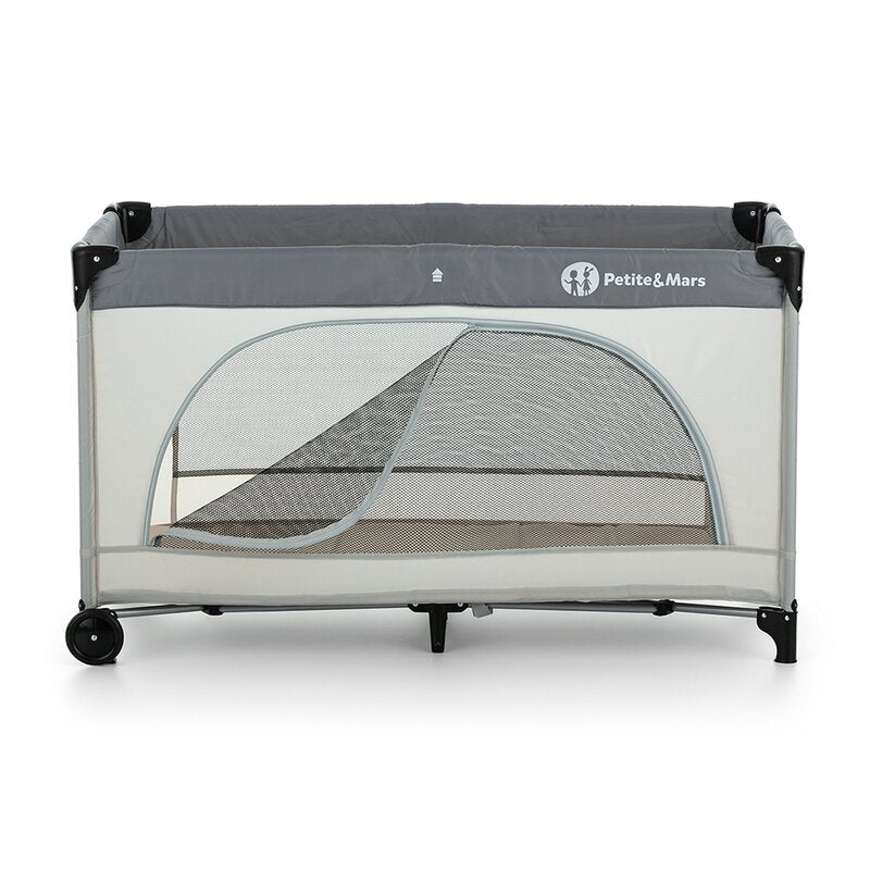 Patut pliant, Petite&Mars, Nyja Teddy Biker, Cu un nivel, Cu intrare laterala cu fermoar, 2 roti, 120x60 cm, Conform cu standardele europene de securitate EN 716-1:207+AC:2019, EN 716-2:2017, EN 71-3:2019, Grey - gogobaby.ro