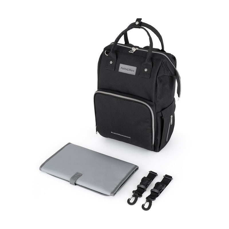 Rucsac pentru mamici, Petite&Mars, Cu 11 compartimente, Cu buzunare termice, Saltea de infasat inclusa, 30 x 42 x 15 cm, Jack, Black