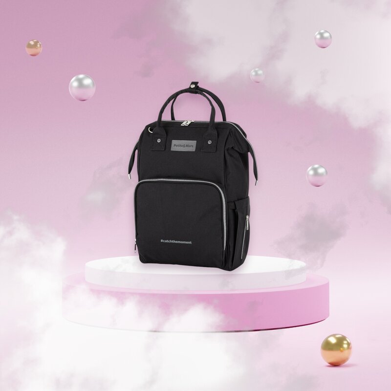 Rucsac pentru mamici, Petite&Mars, Cu 11 compartimente, Cu buzunare termice, Saltea de infasat inclusa, 30 x 42 x 15 cm, Jack, Black