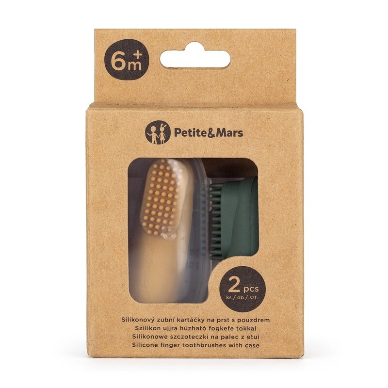 Set 2 periute de dinti pentru deget, Petite&Mars, Cu peri moi, Silicon, Include cutie depozitare, 0 luni+, Galben/Verde