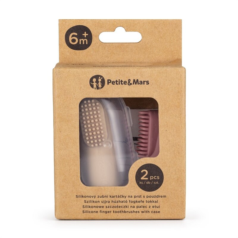 Set 2 periute de dinti pentru deget, Petite&Mars, Cu peri moi, Silicon, Include cutie depozitare, 0 luni+, Roz/Bej - gogobaby.ro