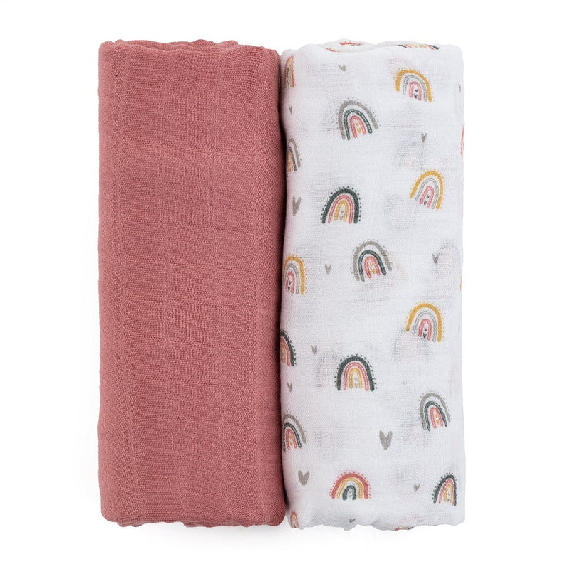 Set 2 scutece, Petite&Mars, Misty Rose Rainbow, Din muselina de bambus, Hipoalergenice, Dimensiuni mari 120 x 120 cm, Certificate Oeko Tex Standard 100, Multicolor