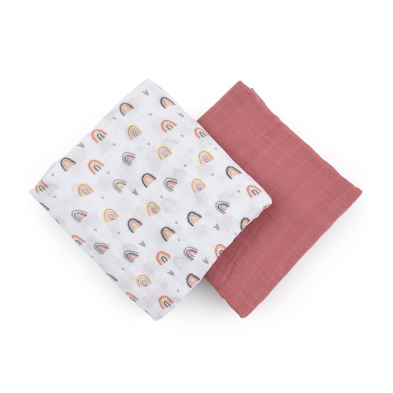 Set 2 scutece, Petite&Mars, Misty Rose Rainbow, Din muselina de bambus, Hipoalergenice, Dimensiuni mari 120 x 120 cm, Certificate Oeko Tex Standard 100, Multicolor