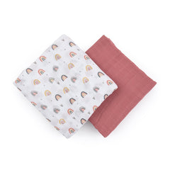 Set 2 scutece, Petite&Mars, Misty Rose Rainbow, Din muselina de bambus, Hipoalergenice, Dimensiuni mari 120 x 120 cm, Certificate Oeko Tex Standard 100, Multicolor