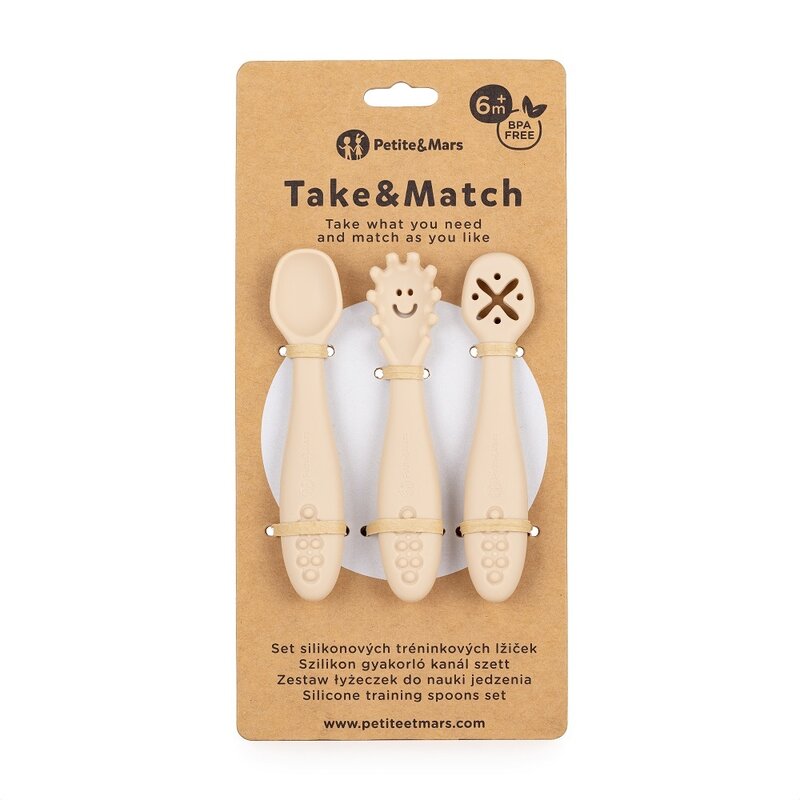 Set 3 lingurite, Petite&Mars, Diverse forme, Pentru supa, paste, alimente usoare, Dezvolta simturile si abilitatile senzoriale, Silicon, Fara BPA, 6 luni+, Bej
