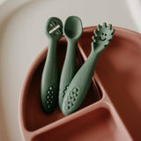 Set 3 lingurite, Petite&Mars, Diverse forme, Pentru supa, paste, alimente usoare, Dezvolta simturile si abilitatile senzoriale, Silicon, Fara BPA, 6 luni+, Bej