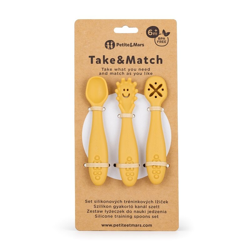 Set 3 lingurite, Petite&Mars, Diverse forme, Pentru supa, paste, alimente usoare, Dezvolta simturile si abilitatile senzoriale, Silicon, Fara BPA, 6 luni+, Galben - gogobaby.ro