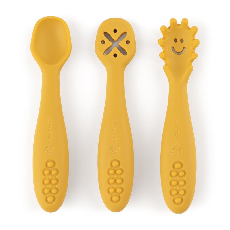 Set 3 lingurite, Petite&Mars, Diverse forme, Pentru supa, paste, alimente usoare, Dezvolta simturile si abilitatile senzoriale, Silicon, Fara BPA, 6 luni+, Galben - gogobaby.ro